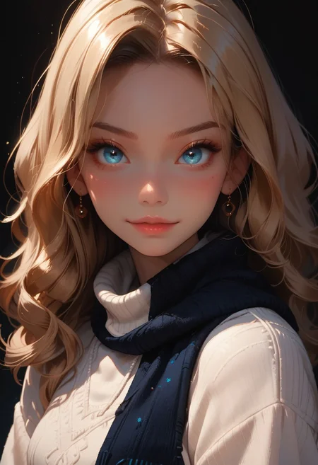 score_9, score_8_up, score_7_up, score_6_up, 
1girl, 18yr old Alice in wonderland, perfect face, cute, petite,
Blue eyes, 
Blonde long hair, ringlets, blue glowing scarf, 
white sweater, long sweater, long sleeves,
Blue layered skirt, 
white thighhighs, 
Close up, smiling
night, dark