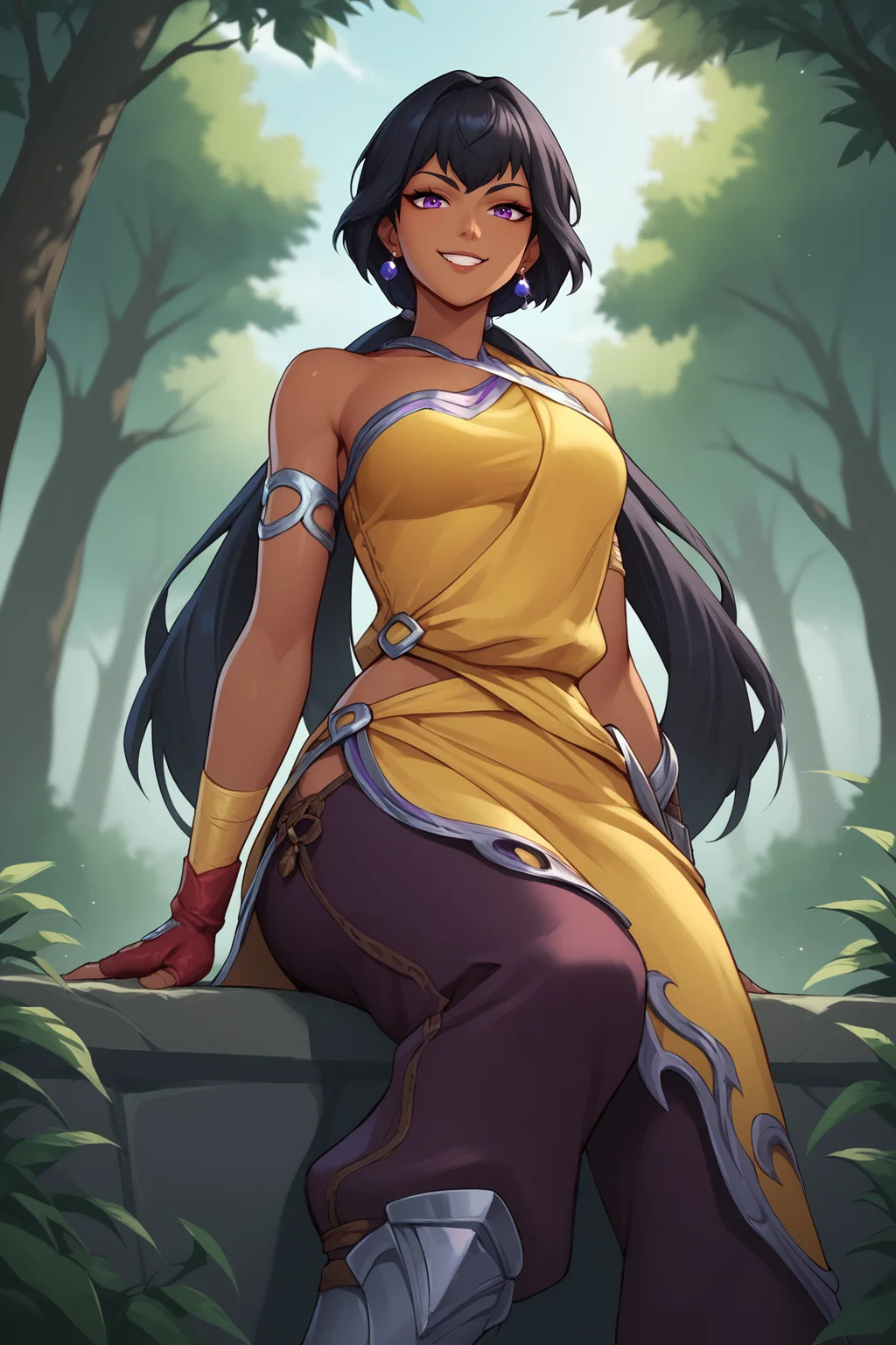 score_9, score_8_up, score_7_up, score_6_up, BREAK, NilahLoLXL, dark skin, colored skin, purple eyes, black hair, long hair, bangs, sidelocks, earrings, medium breasts, bare shoulder, yellow dress, armlet, yellow vambrace, single red glove, fingerless glove, purple pants, baggy pants, armored boots, solo, sitting, bellow view, seductive smile, looking at viewer, forest, tree <lora:NilahLoLXL:0.8>