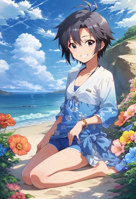 score_9, score_8_up, score_7_up, score_6_up, source_anime, <lora:Worldly_XL:1> sunlight, ocean, waves, clouds, flowers, people, 1girl, solo, carefree Kikuchi Makoto at the beach, <lora:KikuchiMakoto_pony_v1:0.9> kkcmkt, short hair, black hair, antenna hair, hair between eyes, black eyes, flat chest, small breasts, smile, barefoot, summer clothes, beachwear, swimwear, <lora:loraeyesxl:0>