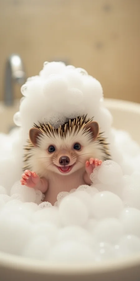 A small, adorable hedgehog in a cozy, warm bath filled with bubbles. The hedgehog is playfully splashing around, surrounded by fluffy white bubbles, some of which are stacked on top of its head. The hedgehog’s tiny paws are reaching out as if playing with the bubbles, with a joyful and curious expression on its face. The bathroom setting is soft and warm, with pastel colors and gentle lighting to emphasize the cozy and cute atmosphere