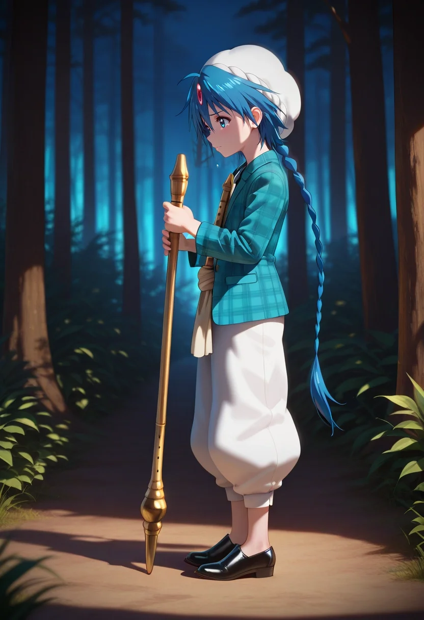 masterpiece, best quality, , (3d:0.4), , 1boy, solo, male focus, <lora:aladdin_magi_ilxl:1>, aladdin_magi, blue hair, blue eyes, long hair, braid, single braid, , , , flute, instrument, staff, , from side, forest, dark, standing, tearing up, Satin Cropped trousers, Plaid blazer, Cap-toe shoes, ,