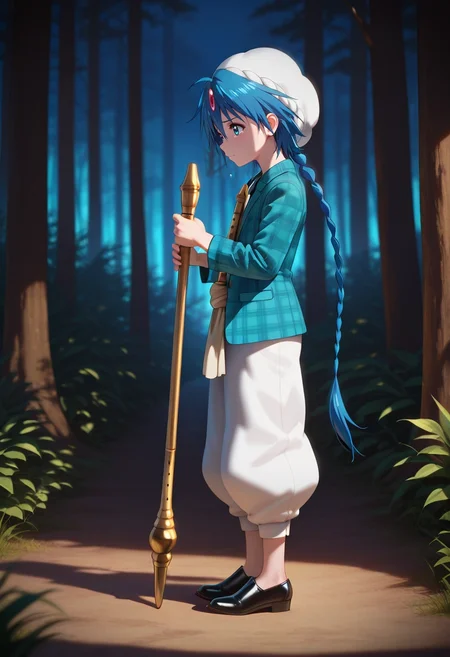 masterpiece, best quality, , (3d:0.4), , 1boy, solo, male focus, <lora:aladdin_magi_ilxl:1>, aladdin_magi, blue hair, blue eyes, long hair, braid, single braid, , , , flute, instrument, staff, , from side, forest, dark, standing, tearing up, Satin Cropped trousers, Plaid blazer, Cap-toe shoes, ,