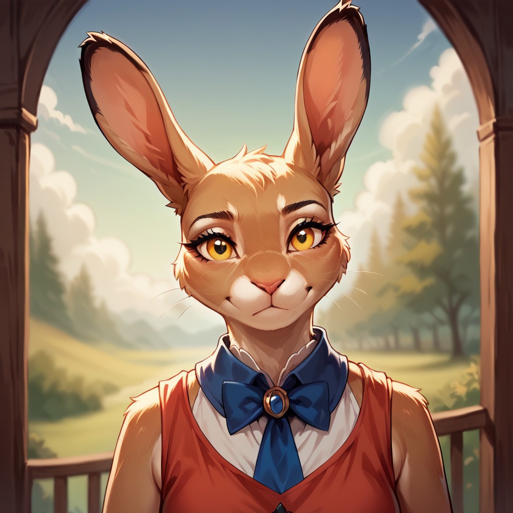 (((detailed, beautiful, high quality))), score_9, score_8_up, score_7_up, solo, 
harengon, furry hare, tail,
1 girl, focus woman, yellow eyes, beige skin, red sundress, sky blue tie, shirt collar,
looking at the viewer,
fantasy background, blurred background,
