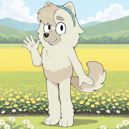 Judo(B), Solo, 1girl, anthro, female furry, dog girl, chow chow, white and gray fur, fluffy fur, bangs, fluffy tail, black eyes, freckles, blue and yellow hairband, looking at viewer, full body, standing, smile, waving at viewer, flower field background,