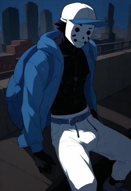<lora:MaskGuyMDv1.0:0.8> (zPDXL2), source_cartoon, score_9, score_8_up, score_7_up, mask guy (mime and dash), 1boy, solo, human, black skin, short hair, black hair, mask, hands in pocket, abs, exposed midriff, bulge, sitting, blue hoodie, sleeveless, purple drawstrings, grey shoes, white shorts, blue belt, baseball cap, back backpack, blue backpack, bird eye view, facing to the left, outdoors, on the roof, city background, detailed background, detailed clothings, day, sunny, think mask, best anatomy, raw lighting, overexposed, harsh flash, t0n1