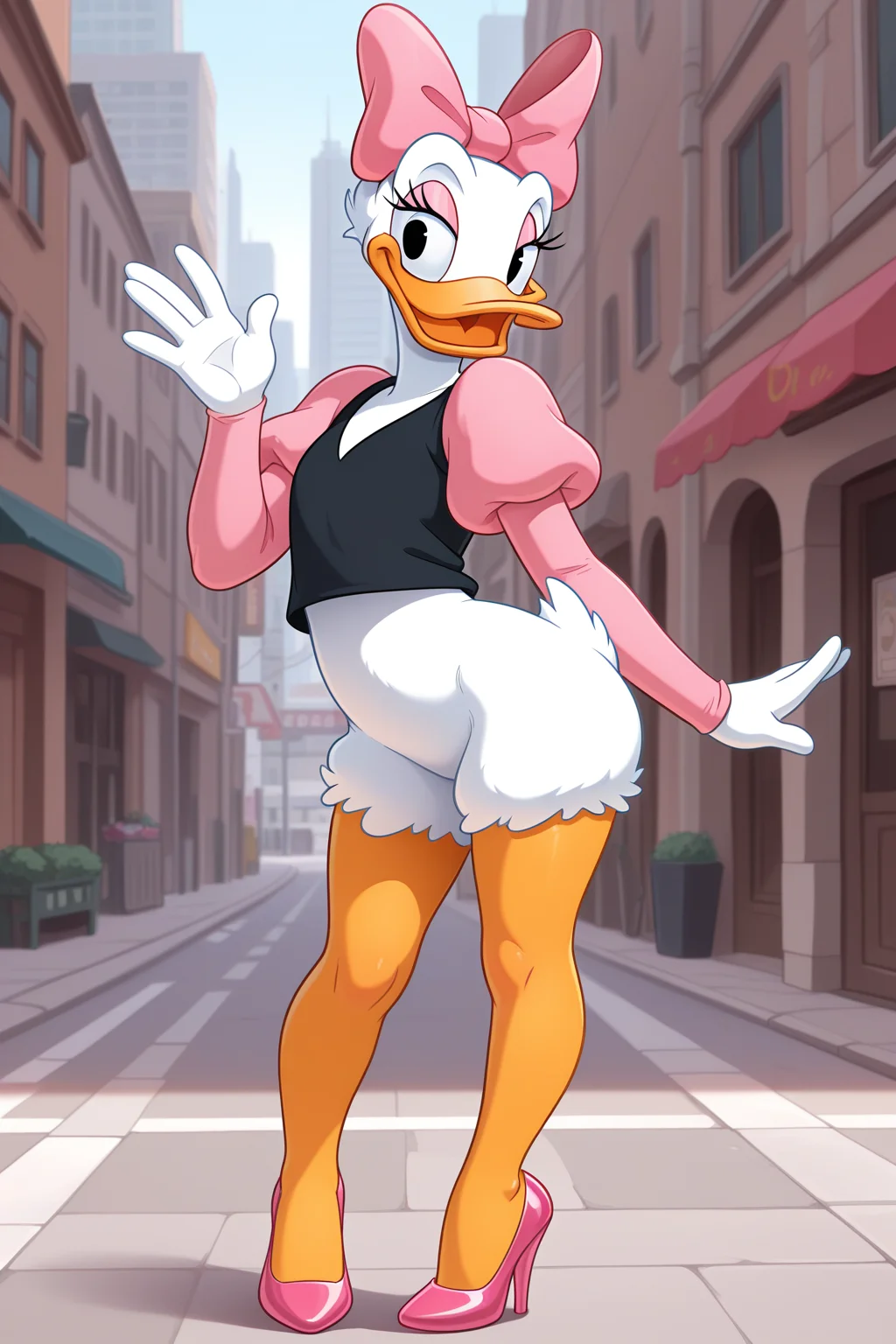masterpiece, best quality, amazing quality, absurdres, daisyduck, solo, standing, waving, white plumage, white feathers, orange legs, looking at viewer, smile, pink bow, puffy sleeves, short pink sleeves, black shirt, pink stiletto heels, outdoors, city, street