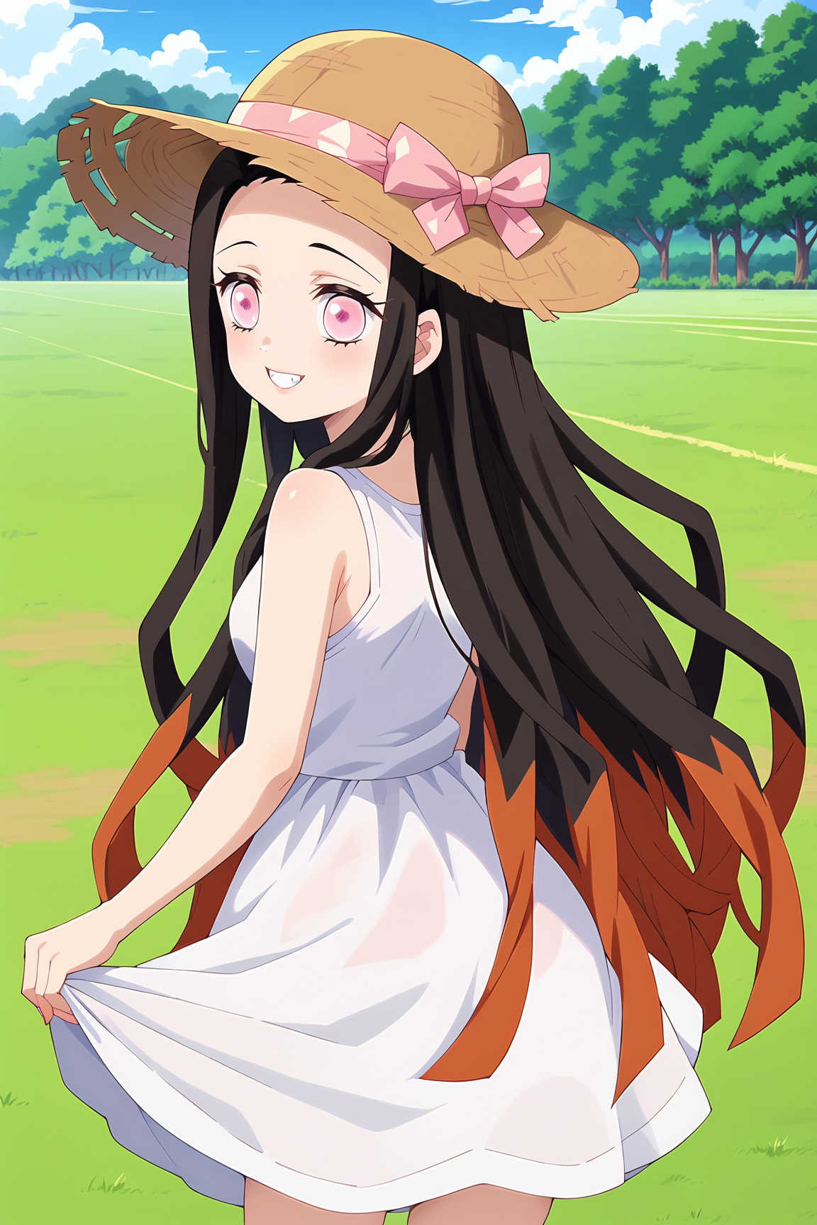 score_9, score_8_up, score_7_up, source anime, prefect lighting, very aesthetic, BREAK, anime screencap, anime coloring,
<lora:kamado_nezuko_v2-pdv6:0.9>, 1girl, kamado nezuko, kimetsu no yaiba, pink eyes, black hair, brown hair, two-tone hair, forehead, 
white sundress, field, day, hat, from behind, looking back, 
BREAK, light smile, 
BREAK,