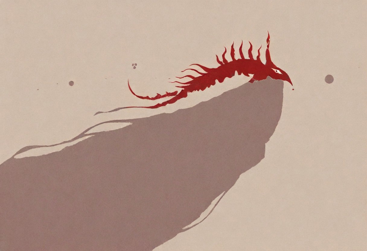 masterpiece, best quality, newest, highres, absurdres,focused subject,no lineart, no outline, solo, red eyes, horns, no humans, looking up, (monochrome, negative space,blending),mid air,three quarter view