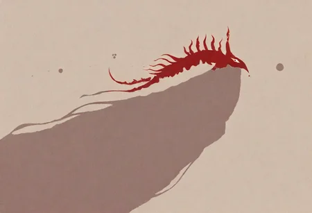 masterpiece, best quality, newest, highres, absurdres,focused subject,no lineart, no outline, solo, red eyes, horns, no humans, looking up, (monochrome, negative space,blending),mid air,three quarter view