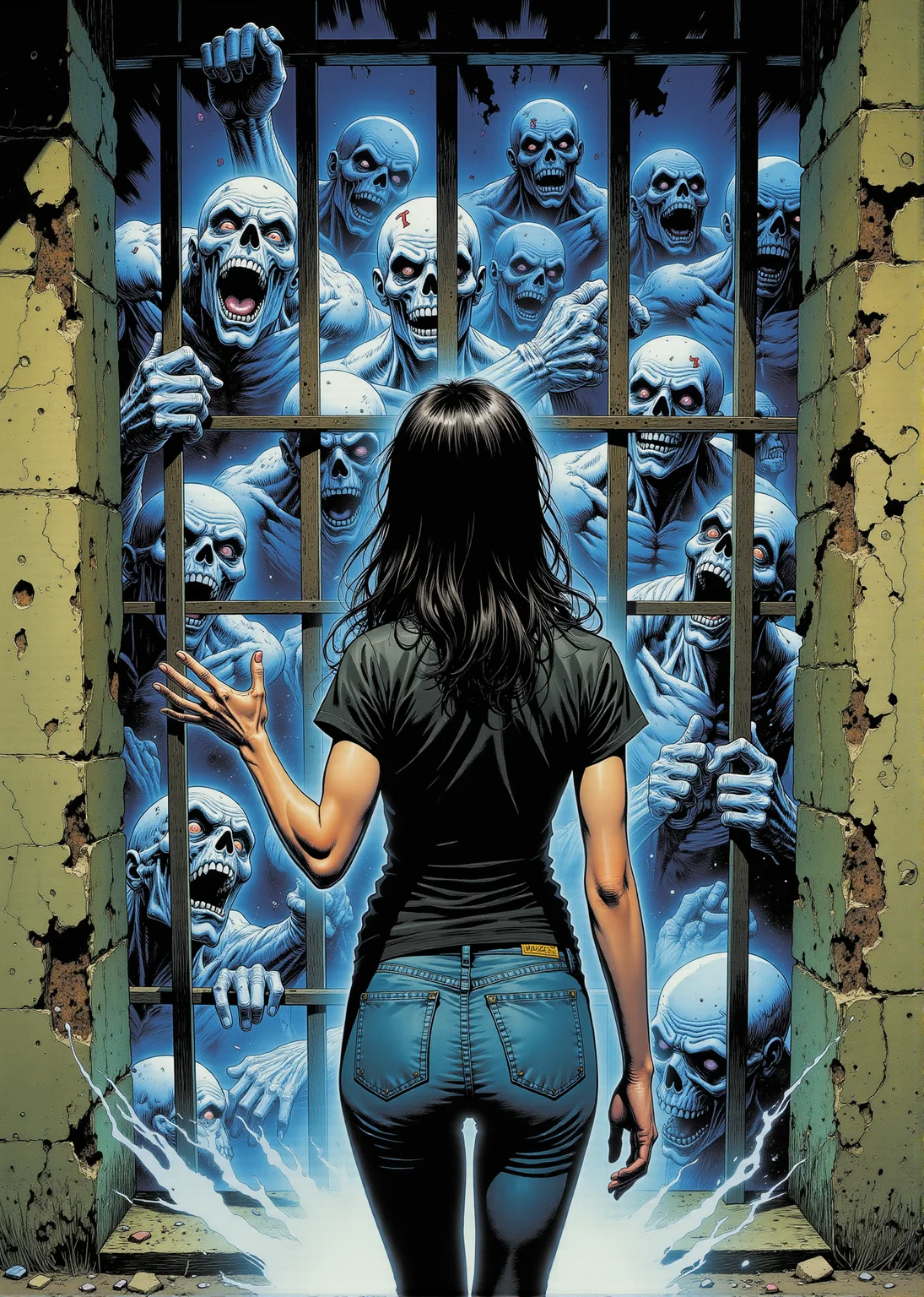 This image presents a tense, eerie scene set in what appears to be a dark, crumbling prison cell. The central character is a young woman with long dark hair, standing cautiously in front of a cell filled with grotesque, ghostly figures. Her body language suggests both surprise and fear as she extends a hand toward the cell, while her wide eyes and parted lips reflect a mix of curiosity and trepidation. She is dressed casually in a fitted black t-shirt and blue jeans, with the lighting casting soft highlights on her skin and hair, emphasizing her human vulnerability in the face of the supernatural.
Behind the cold, iron bars of the cell, a collection of horrifying, spectral prisoners stretches toward her, their ghoulish forms glowing with an eerie blue light. Their skeletal hands grip the bars, some with desperation, others with malevolence. Their faces are twisted with rage and torment, with decaying skin, hollow eyes, and wide, gaping mouths that seem to be frozen in eternal screams. The ghostly glow surrounding them contrasts sharply with the gritty, worn-down surroundings of the cell, casting long, ominous shadows on the cracked walls.
The figures are ethereal, with some appearing to blend into the mist that swirls around the base of the cell. Their bodies are semi-translucent, suggesting they are spirits or undead beings trapped in this nightmarish prison. The numbers tattooed on their ghostly skin hint at their former lives as prisoners, now transformed into wretched souls haunting the jail.
The environment is claustrophobic, with chipped stone walls and a metal bed frame barely visible in the corner, adding to the bleak, oppressive atmosphere. The scene is lit with a harsh contrast between the cold, spectral blue of the undead and the muted, earthy tones of the prison itself, heightening the feeling of dread and the supernatural danger that looms.
The overall art style is highly detailed, with clean, precise lines and vibrant shading. The combination of realistic textures on the woman's clothing and the glowing, translucent quality of the spirits creates a vivid, dramatic contrast, immersing the viewer in this chilling confrontation between the living and the dead. <lora:Comic book V2:1.34> Comic book style. <lora:wow_details:0.6>