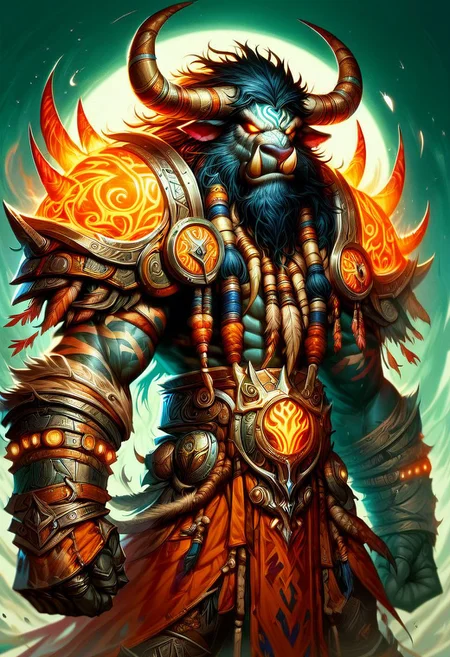 score_9, score_8_up, score_7_up, a tauren shaman male, metal armor, Flashfire glowing runes blue and green,
