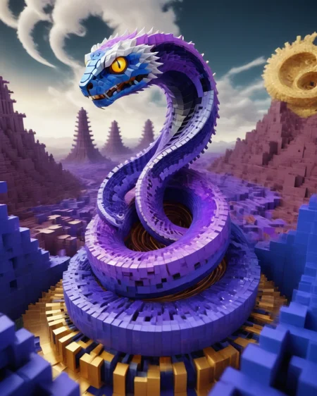 ((best quality)),(masterpiece),snake,awardwinning,Psykadelicwoxel3d, psychedelic,<lora:Psykadelicwoxel3d-step00000350:1>,scenery in the background,made of voxels