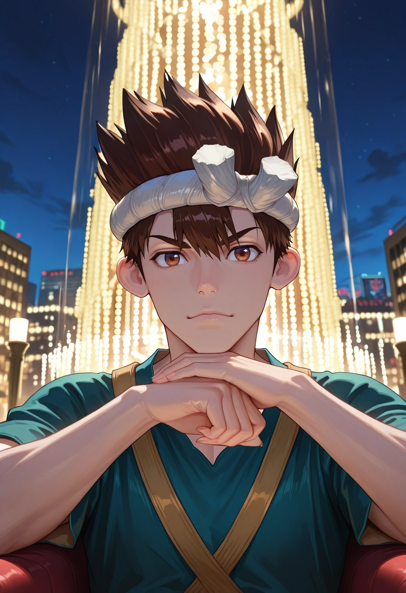 masterpiece, best quality, , (realistic:0.6), looking at viewer, 1boy, solo, male focus, <lora:chrome_dr_stone_ilxl:0.92>, chrome_dr_stone, brown hair, brown eyes, short hair, spiked hair, , neon plaza, light fountains, holo-trees, rest areas, relaxing pose, content expression, night,