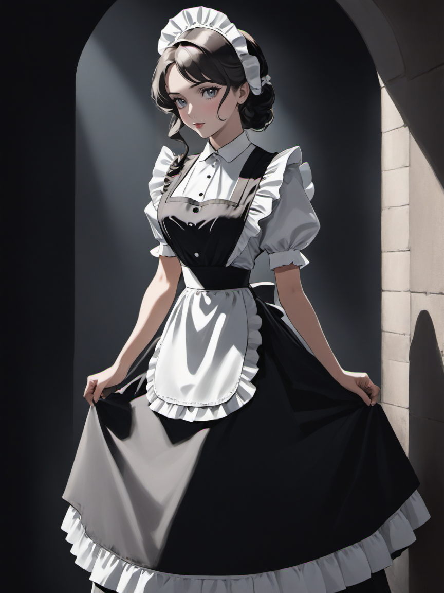 Film noir style beautiful woman wearing a victorian maid dress <lora:xl_n15g_aio_clothing-1.0:0.8>
 . Monochrome, high contrast, dramatic shadows, 1940s style, mysterious, cinematic
