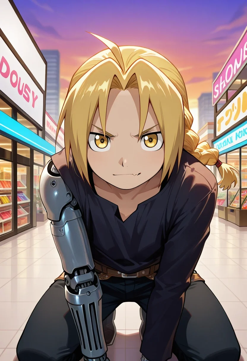 masterpiece, best quality, , , looking at viewer, 1boy, solo, male focus, <lora:edward_elric_ilxl:1>, edward_elric, blonde hair, yellow eyes, single braid, braided ponytail, single mechanical arm, close-up, shopping mall, stores, signs, dusk, kneeling, skin fang,