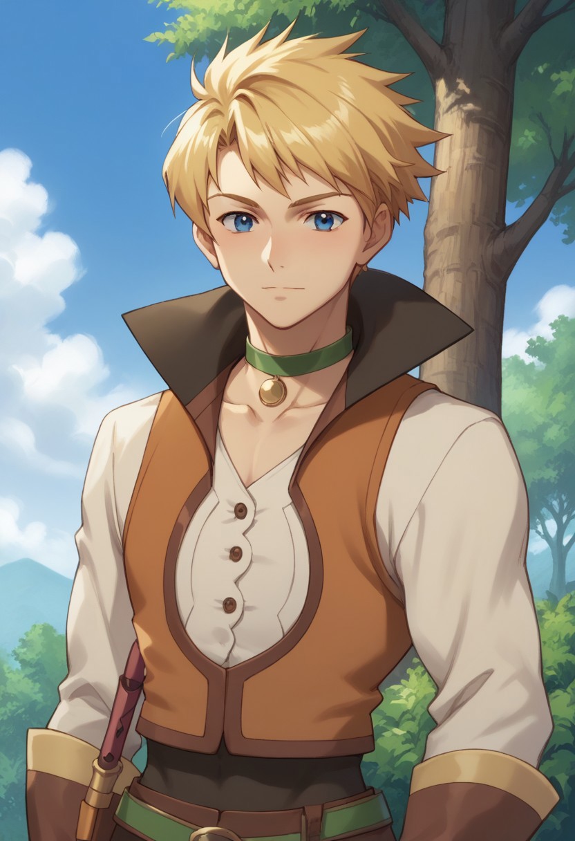 score_9, score_8_up, score_7_up, source_anime, highly detailed,
cecil, solo, 1boy, male focus, green choker, blonde hair, blue eyes, gloves,
choker, vest, upper body
outdoor, tree, sky