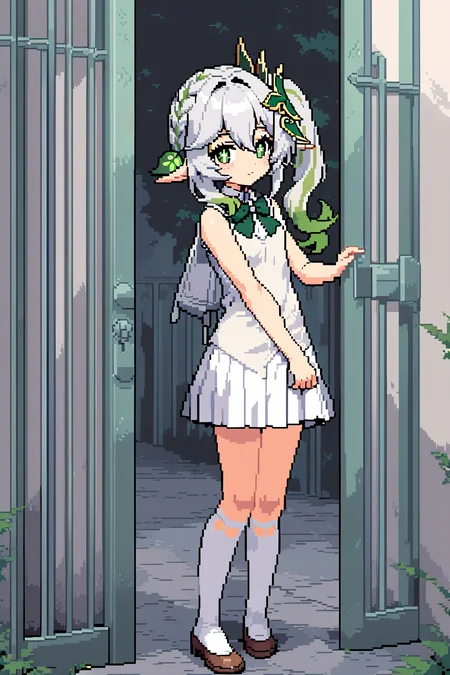 masterpiece, best quality,1girl,nahida \(genshin impact\),school uniform,ex micro miniskirt,shot shirt,sleeveless, bow,white thighhighs,standing in school gate,(pixel art:1.1), retro artstyle,