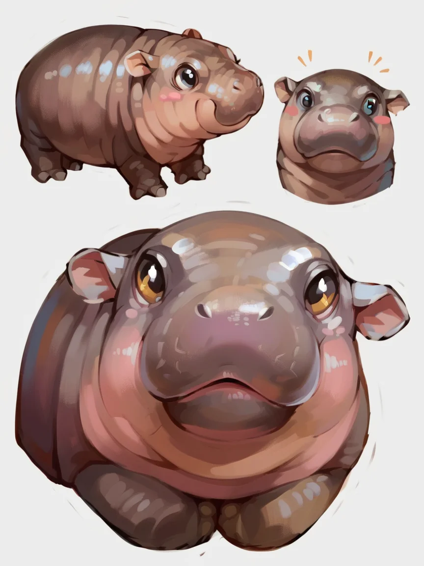 score_9, score_8_up, score_7_up, score_6_up, score_5_up, <lora:Moo_DengXLP:1> no humans, moo deng, hippo, animal focus, white background, cute, multiple views,