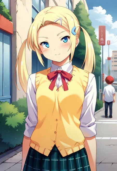 score_9, score_8_up, score_7_up, masterpiece, source_anime, 1girl, ct_yuzu, blonde hair, twintails, long hair, white hairclip, white collared shirt, yellow sweater vest, red neck ribbon, plaid skirt, outdoors, city, depth of field, looking at viewer,