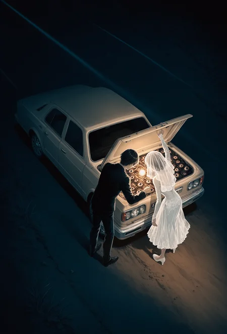 high contrast, hdr, detailed background, scenery, aliasing, rusetsuksr_illu, 3y3s_illu, too many eyes,
outdoors, night sky, dark, from above, wide shot,
road, desert, old car, beige car, parked car, headlight beam, white light, 1boy, black suit, 1girl, white wedding dress, bridal veil, (aged up:1.2), car trunk, looking in car trunk, long shadows, engine,
masterpiece,best quality,amazing quality,very aesthetic,absurdres,newest,very awa, <lora:rusetsuksr_style:0.95> <lora:3Y3S_style:0.65>