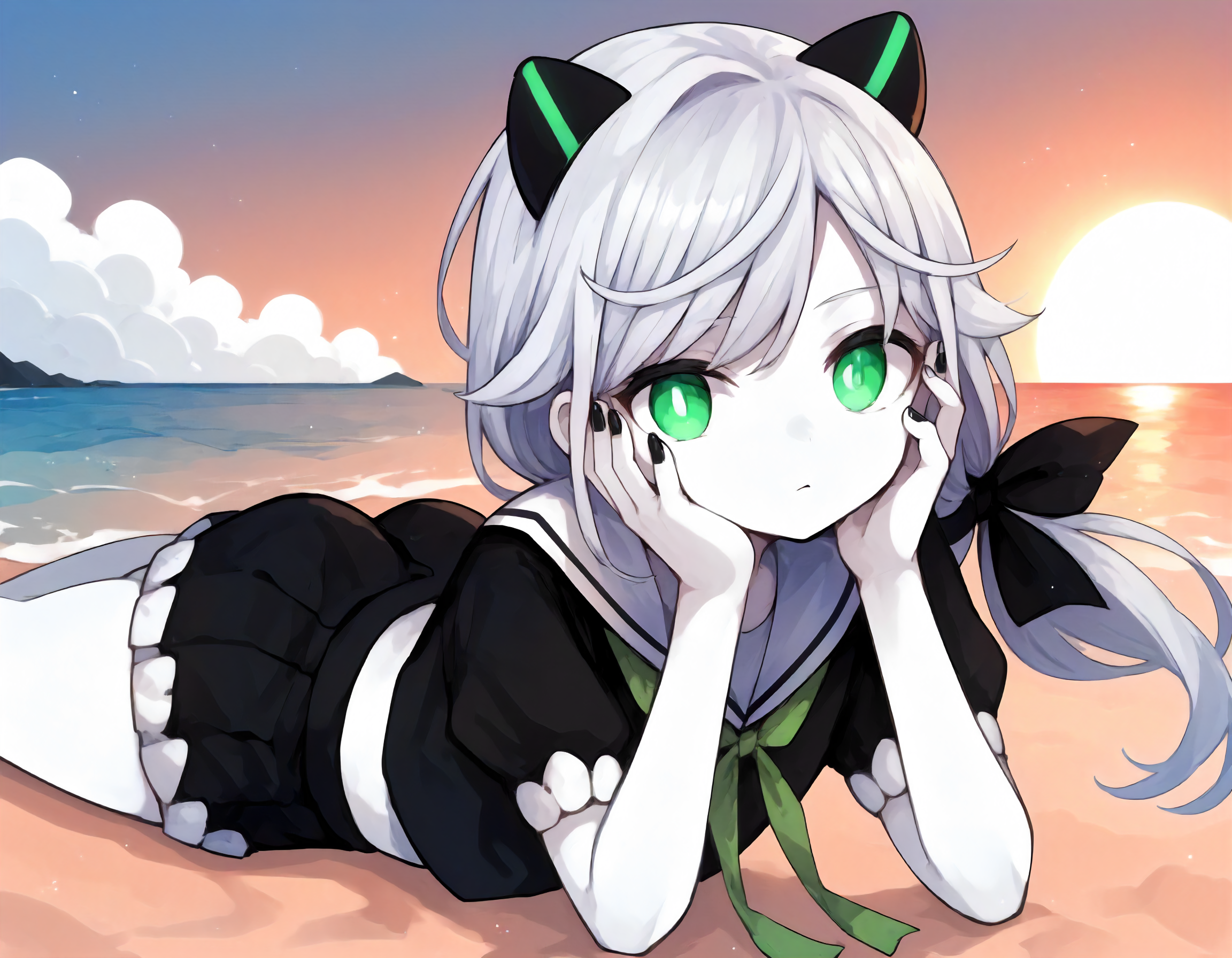 score_9,score_8_up,score_7_up,source_anime,1girl,lying,on stomach,ocean,beach,sunset,dynamic lighting,
looking at viewer,daze,hands on own face,<lora:destroyerforestprincess_ponyXLV6:0.8>,asdfpr,
white skin,white hair,long hair,low ponytail,green eyes,tareme,
horns,black hair bow,black serafuku,puffy short sleeves,black nails,black skirt