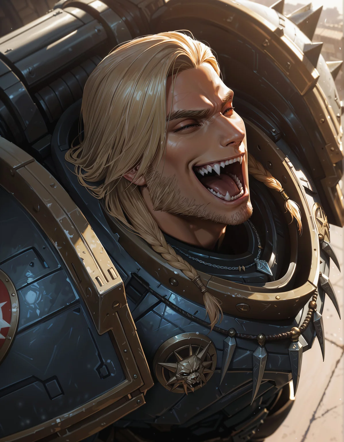 masterpiece, best quality,high quality, newest, highres,8K,HDR,absurdres, iLLemanR40K, 1boy, solo, necklace, fangs, laugh, power armor, close up, dutch angle, from_side,from_above, photorealistic <lora:iLLemanR40K:1>