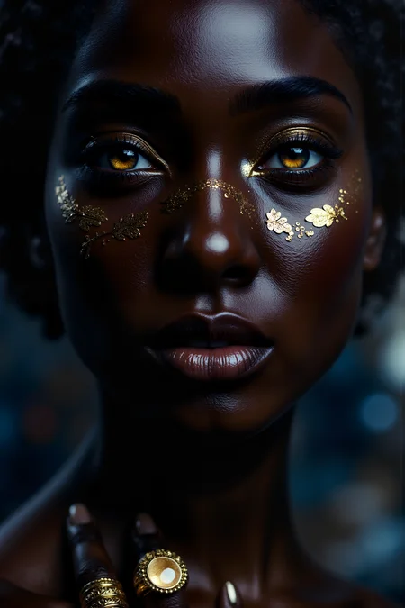 A hyper-realistic close-up of a woman with eyes made of pure liquid gold, their surface smooth and reflective, catching the light with an otherworldly shimmer. Her skin is a deep, velvety black, so flawless that it almost absorbs the light around her, creating a striking contrast with her glowing eyes. Delicate gold leaf patterns are etched into her cheeks and forehead, shimmering softly with each movement. The background is a blurred, abstract swirl of deep blues and purples, creating a dreamy, celestial atmosphere. Realistic highlights emphasize the liquid quality of her eyes, with subtle reflections on their glossy surface. Her lips are a soft, muted gold, glossy and perfectly shaped, catching the light with subtle reflections. One hand, adorned with intricate golden rings, rests gracefully on her shoulder, the metal gleaming against the dark velvet of her skin.<lora:aidmaMJ6.1-FLUX-V0.1:0.6><lora:Movie_Portrait><lora:Flux DetailerV2>