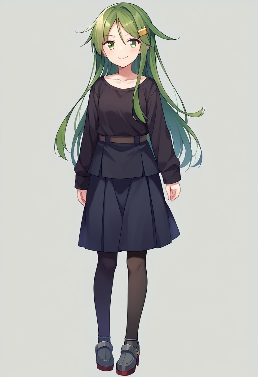 score_9, score_8, score_7, source_anime, nagatsuki (kancolle), pantyhose, standing, closed mouth, smile, black shirt, full body, collarbone, black skirt