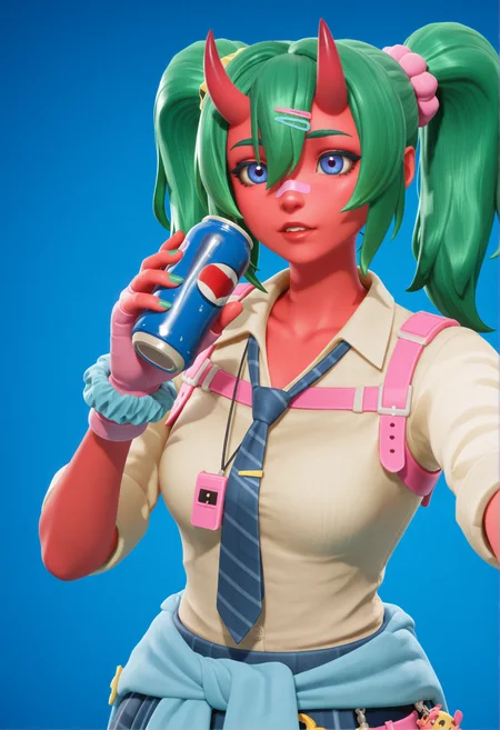 high quality, masterpiece, intricate details, absuredres, (upper body, drinking pepsi, blue background, selfie, solid background:1.4), fortnite_nemia, 1girl, solo, green hair, twintails, ponytail, long hair, bangs, hair between eyes, hair over one eye, ears, horns, oni horns, single horn, red skin, pink skin, blue eyes, parted lips, bandaid, bandaid on nose, bandaid on thighs, breasts, shirt, school uniform, necktie, plaid skirt, thighhighs, socks, loose socks, boots, jewelry, earrings, bracelet, charm, belt, gloves, fingerless gloves, knee pads, leg warmers, collarbone, solo, colored skin, hair ornament, hairclip, scrunchie, holster, striped necktie, clothes around waist, oni, plaid, charm (object), blue necktie, sweater around waist, animal print, heart, shoes, star (symbol), thigh holster,  <lora:Fortnite_Nemia_Demonically_Cute_Set_ILXL_E41_16_DIM:0.8>, <lora:dmd2_sdxl_4step_lora:1>