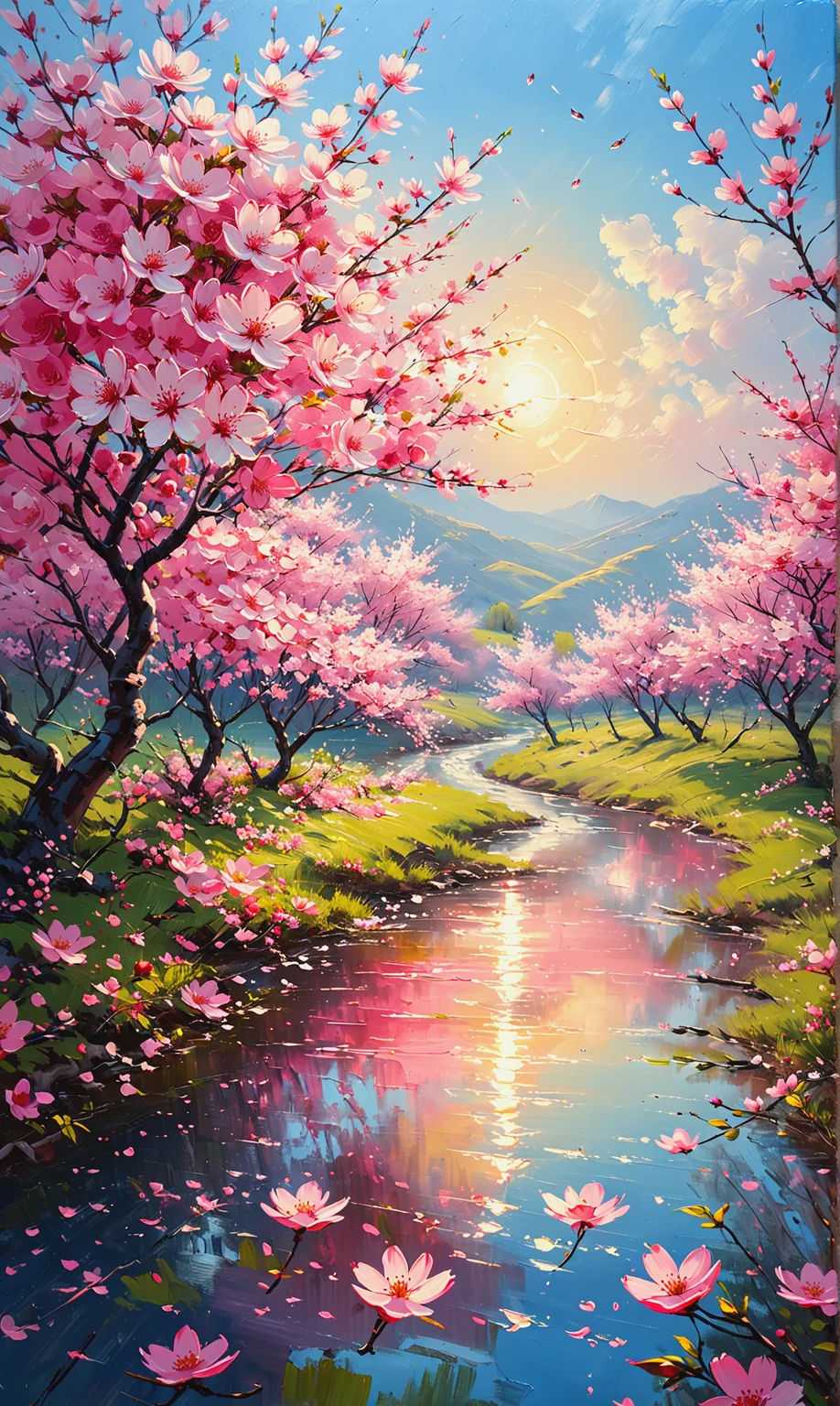 oil painting, Cherry blossoms, Sky (blue), Flowers (pink), Natural scenery, Fresh and clean, Cherry blossom tree, Springtime, Beautiful landscape, Sunlight, Warm atmosphere<lora:xl_more_art-full_v1:0.3><lora:oil_SDXL_v1.0:0.8>