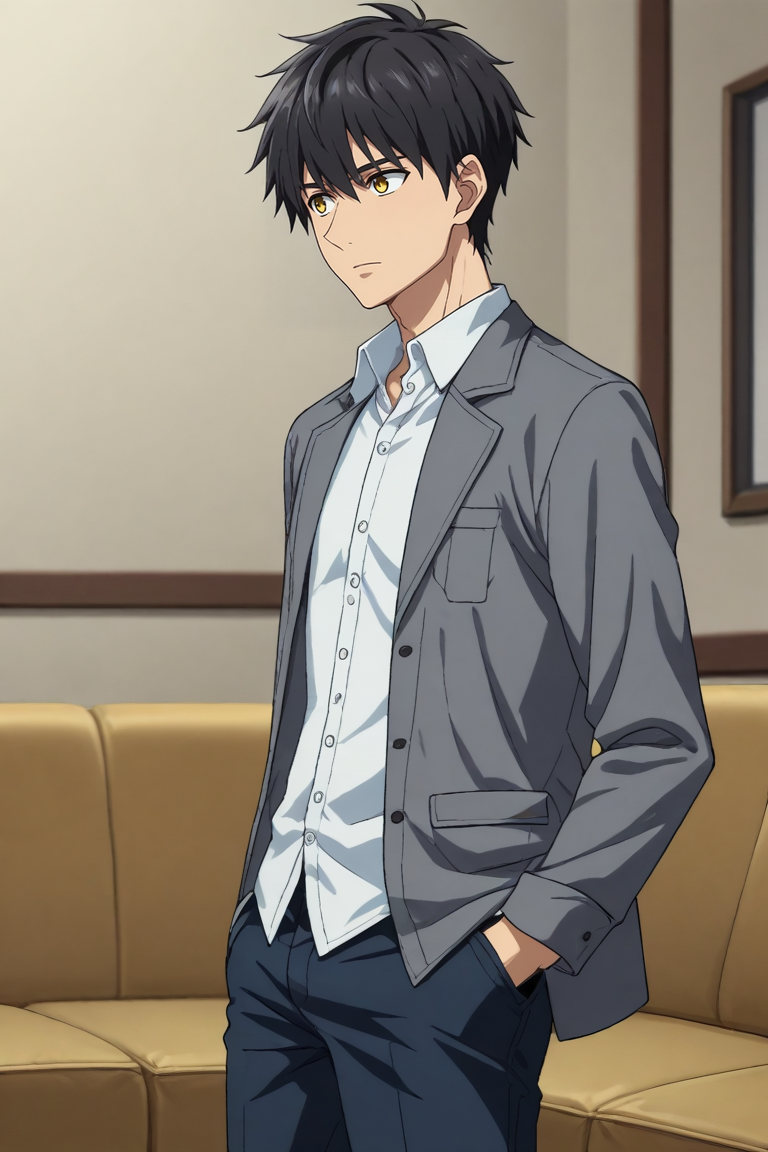 score_9, score_8_up, score_7_up,score_6_up,score_5_up,score_4_up,source_anime,BREAK, rating_safe, intricate details , , , anime screencap, anime coloring, official style, depth of field,1boy, solo, male focus , , ,  <lora:kuro_sakuragawa:0.75>,kuro sakuragawa,black hair,yellow eyes,short hair,bangs,shirt, long sleeves, holding, standing, jacket, white shirt, open clothes, collared shirt, pants, indoors, couch, pocket, hand in pocket, grey jacket,from side , , , <lora:sdxl_lightning_8step_lora_315544:1>