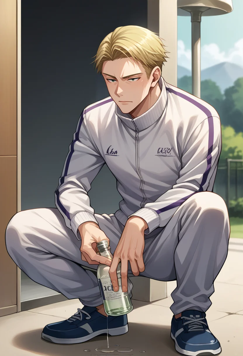 score_9, score_8_up, source_anime, 1boy, solo, KentoNanami, blonde hair, short hair, slav squatting, tracksuit, vodka, holding bottle, <lora:ChamKentoNanamiPonyXL:1.0>