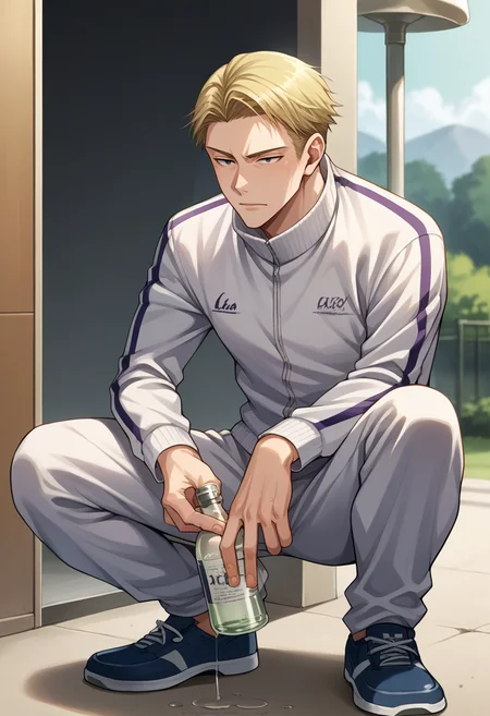 score_9, score_8_up, source_anime, 1boy, solo, KentoNanami, blonde hair, short hair, slav squatting, tracksuit, vodka, holding bottle, <lora:ChamKentoNanamiPonyXL:1.0>