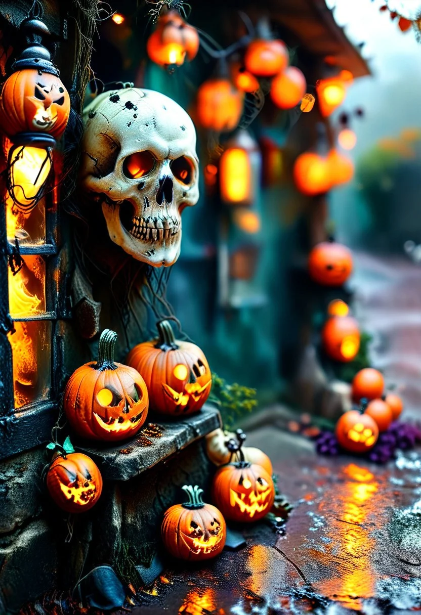 ultra realism, high quality, high resolution 8K and above, stable and accurate focus, ultra correct and accurate anatomy, super detail, many elements and details, on a Halloween themed image in a rock style ghost town. The moon illuminates the eerie street, along the street rocker bikes decorated in Halloween style for the holiday and the bats that accompany the rockers. on the terraces of the apartment buildings Pumpkins with carved faces glow like lanterns, and cobwebs cover the old buildings, hanging skeletons from the terraces and on the street light poles creating an atmosphere of horror, mystery and excitement."
Colors: Orange, black, purple, dark blue, green.
Objects: Pumpkins, broomsticks, bats, cobwebs, cauldrons, skeletons, lattice cages, motorbikes, lanterns, graves, coffins, skulls and bones, skull-shaped ashtrays, goth glasses,
Emotions: horror, fear, parody
Atmosphere: Dark, mysterious, exciting.
Styles: realistic, gothic, rock