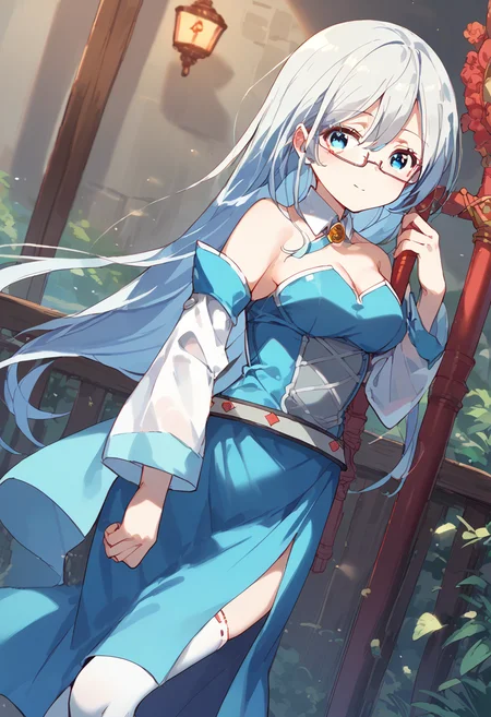 score_9,score_8_up,score_7_up,source_anime,zPDXL3,
*//*,<lora:Eleonora-v1.0-000009:1>,eleonora_bonnefoy,1girl,long hair,straight hair,grey hair,blue eyes,medium breasts,cleavage,blue dress,side slit, long sleeves,detached sleeves,bare shoulders,white thighhighs,glasses,semi-rimless eyewear,red-framed eyewear,black footwear,
*//*,cowboy shot,dutch angle,