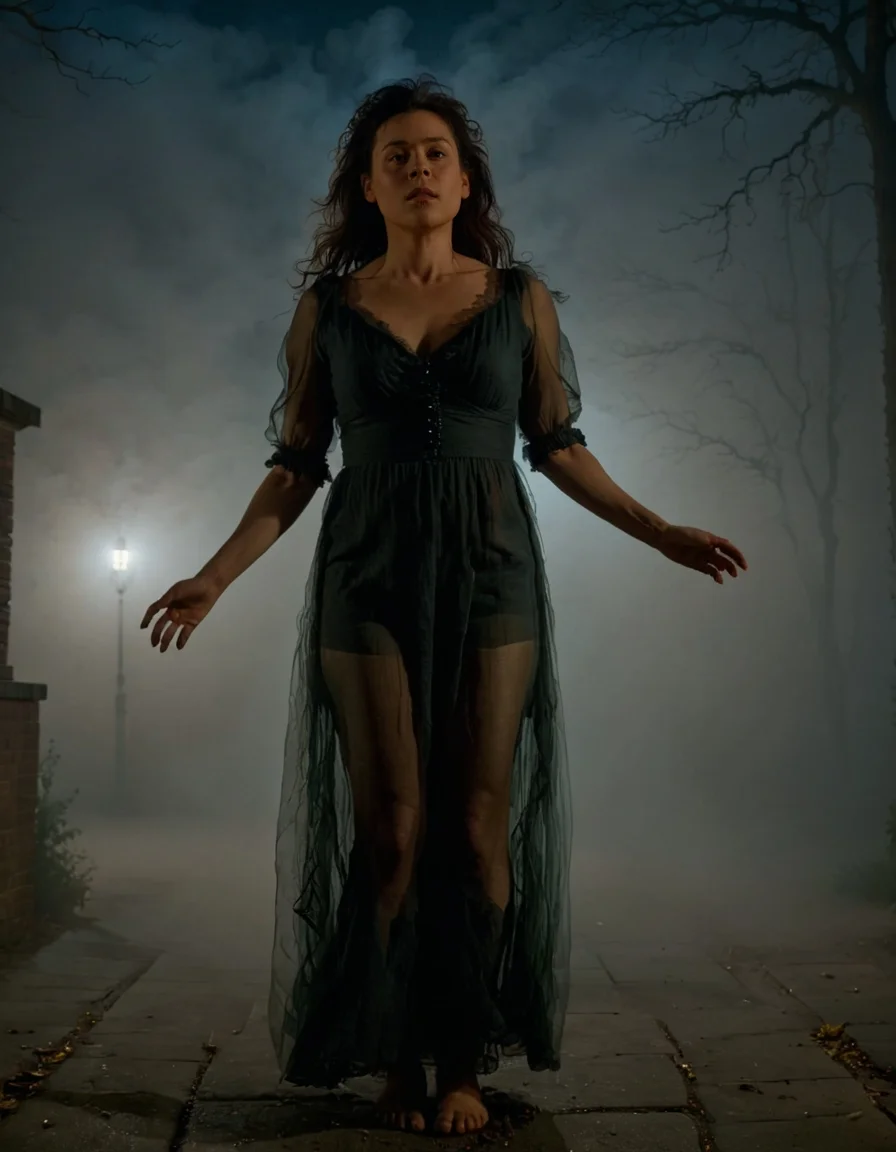 a photo of sheila at night,full body shot,cinematic,volumetric fog