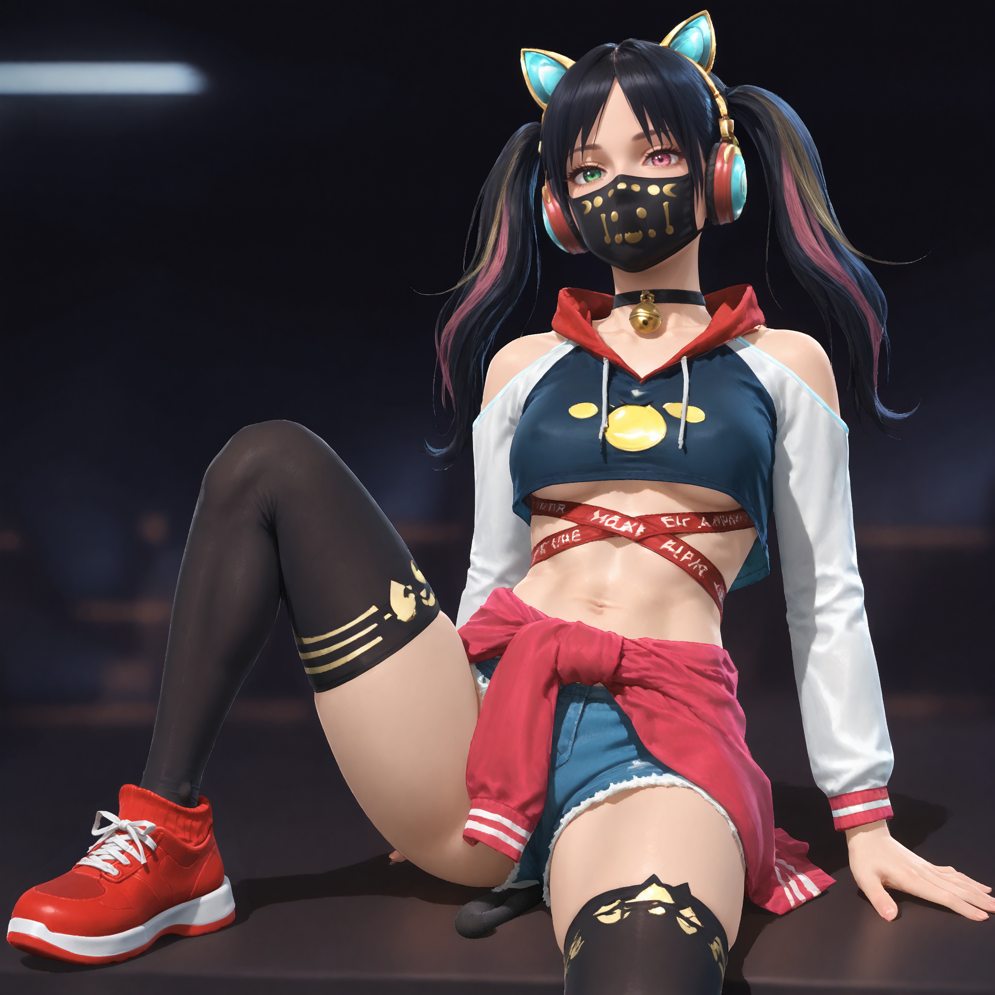  embedding:zPDXL3.safetensors ,  embedding:zPDXLxxx.pt , score_9, score_8, score_7_up, source_anime, anime screencap, beautiful, detailed, sharp lines, best quality, 8k resolution, textured skin, ultra detailed, clear face, high contrast, detailed face, masterpiece, top quality, super detailed, sharp focus, highly detailed, absurdres, accurate, perfect face, award winning, rating_explicit,, Expressiveh, handfixer,
 PackageCatitude, 1girl, twintails, multicolored hair, streaked hair, blue hair, long hair, black hair, pink hair, heterochromia, green eyes, pink eyes, tail, cat tail, bow, tail ornament, tail bow, thighhighs, black thighhighs, fake animal ears, cat ear headphones, animal ear headphones, animal ears, mask, choker, animal ear legwear, headphones, (mouth mask:1.2), cat ears, neck bell, over-kneehighs, long sleeves, navel, shorts, clothes around waist, jacket, shoes, midriff, crop top, sneakers, red footwear, jacket around waist, letterman jacket, clothes writing,,
 gaming arcade,,
 standing, hands resting on body, lace bra, arms in front of chest, focused smile, soft blush, (focus on breasts:1.2),,
 mouth mask, shiny eyes,,
<segment:girl's face,0.55,0.2//cid=11> score_9, score_8, score_7_up, absurdres, masterpiece, detailed face, perfect face, correct face, perfect anatomy, accurate, award winning, sharp lines, beautiful, extremely detailed, source_anime, anime screencap,, (mouth mask:1.3),  mouth mask, shiny eyes,,  PackageCatitude, 1girl, twintails, multicolored hair, streaked hair, blue hair, long hair, black hair, pink hair, heterochromia, green eyes, pink eyes, tail, cat tail, bow, tail ornament, tail bow, thighhighs, black thighhighs, fake animal ears, cat ear headphones, animal ear headphones, animal ears, mask, choker, animal ear legwear, headphones, (mouth mask:1.2), cat ears, neck bell, over-kneehighs, long sleeves, navel, shorts, clothes around waist, jacket, shoes, midriff, crop top, sneakers, red footwear, jacket around waist, letterman jacket, clothes writing,,
<segment:girl's feet,0.4,0.45//cid=12> score_9, score_8, score_7_up, (perfect feet:1.1), correct feet, detailed feet, (5 toes), perfect toes, correct toes, detailed toes, perfect soles, correct soles, detailed soles, perfect anatomy, perfect toenails, feet,,