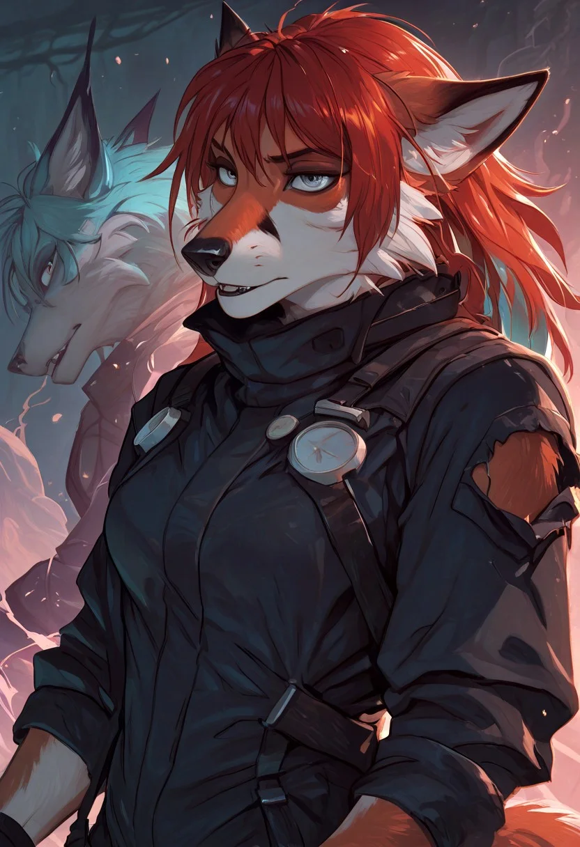 A turquoise-colored furry fox scribe. Ash-colored hair. She is wearing a scientific jumpsuit that is torn in several places. transformation into a fox. a laboratory filled with gas. Silent surprise. Doused with something. The Orphen sirius style. JuliaTDC Style~ArtS.