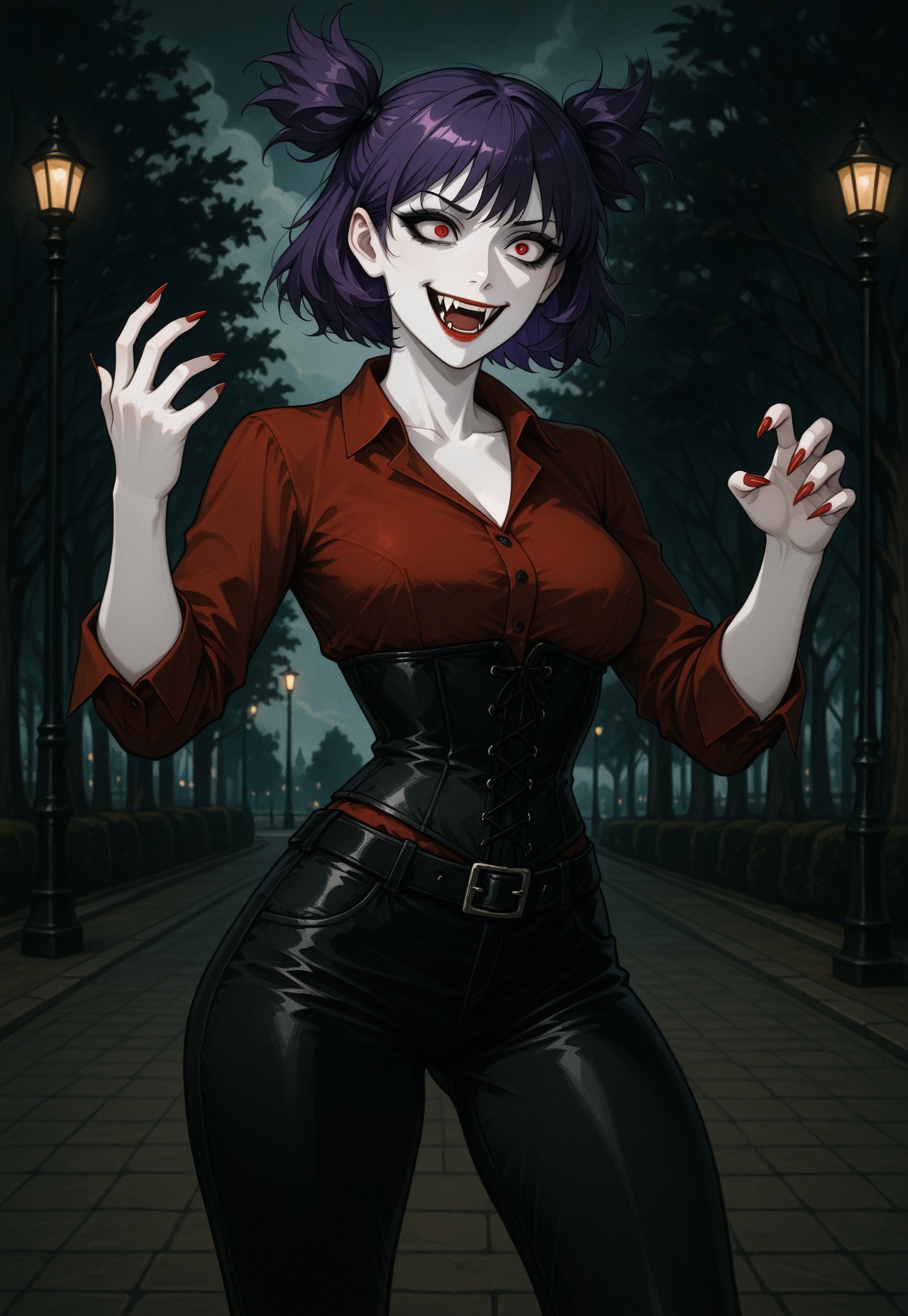 masterpiece, best quality, traditional media, heavy film grain, paper texture, DFGPT, gothic, 1girl, solo, lena, mature female, vampire, pale skin, purple hair, messy hair, short hair, short twintails, two side up, bangs, black eyeshadow, red eyes, crazy eyes, red lips, fangs, red nails, long nails, medium breasts, narrow waist, black leather pants, belt, black corset, red collared shirt, open collar, collarbone, power pose, fighting stance, dominant woman, laugh, outdoors, park, lamppost, tree, cloudy sky, dramatic lighting, dim lighting, sharp shading, intricate details, uncensored.