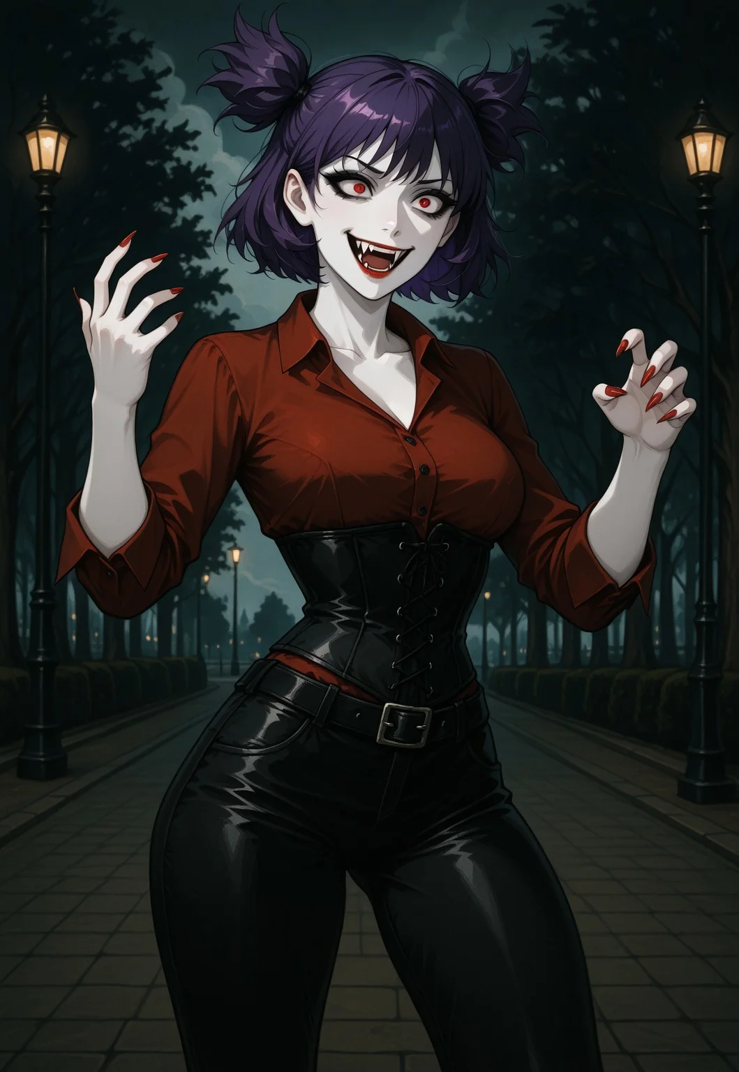 masterpiece, best quality, traditional media, heavy film grain, paper texture, DFGPT, gothic, 1girl, solo, lena, mature female, vampire, pale skin, purple hair, messy hair, short hair, short twintails, two side up, bangs, black eyeshadow, red eyes, crazy eyes, red lips, fangs, red nails, long nails, medium breasts, narrow waist, black leather pants, belt, black corset, red collared shirt, open collar, collarbone, power pose, fighting stance, dominant woman, laugh, outdoors, park, lamppost, tree, cloudy sky, dramatic lighting, dim lighting, sharp shading, intricate details, uncensored.