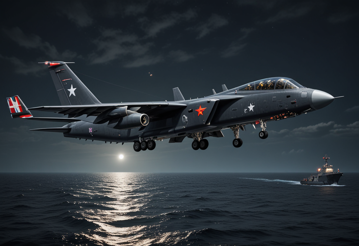 (medium full shot) of (powerful compact dark-gray military plane) with carbon-fiber body, turboshaft engines, electronic warfare pods, adorned with national flag, flying over  responding to a maritime distress signal, the military plane coordinating with rescue teams, under enemy fire, under the moonlight, Masterpiece,best quality, photo, realistic, very aesthetic,
