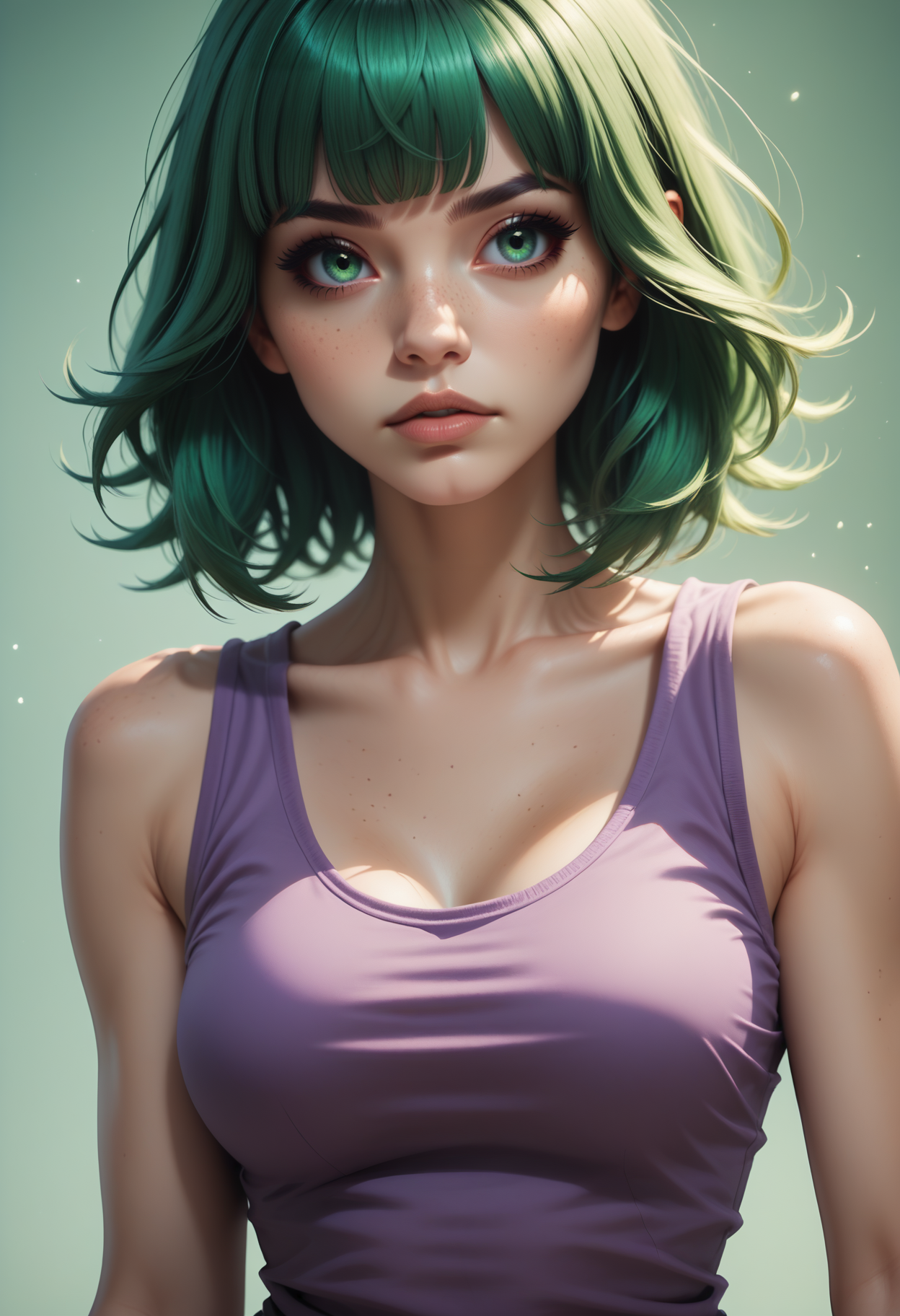 score_9, score_8_up, score_7_up, rating_safe,
1girl, solo, purple tank top,
 <lora:Dark_Sylvie_Pony_v0.1:0.5> d4rksylv13, bangs, green hair, green eyes,