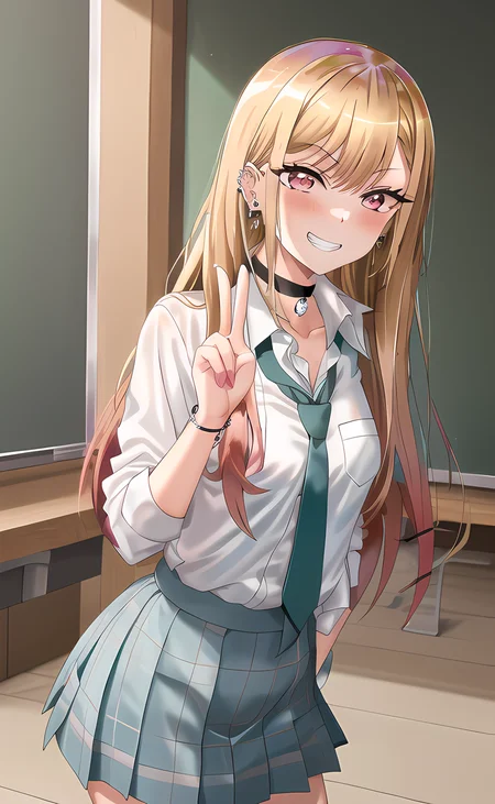 best quality, 1girl, standing, grin, peace sign, earrings, (barbell piercing), looking at viewer, collared shirt, black choker, necktie, skirt, classroom, corneo_marin_kitagawa