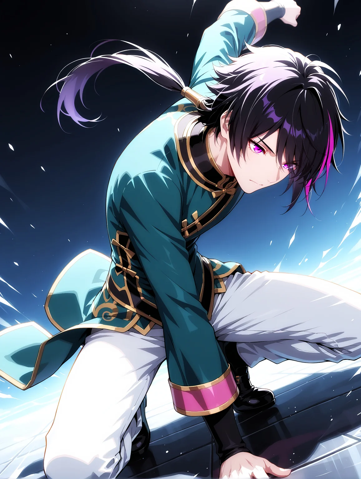 masterpiece, very aesthetic, best quality, solo, amazing quality, 24 years old, imtdlieren, 1boy, male, black hair, chinese clothes, pants, multicolored hair, purple hair, purple eyes, , low ponytail, long sleeves, streaked hair, white pants, shoes, black footwear, fit body, dynamic angle, dynamic pose, ramdom backgroun, detailed background