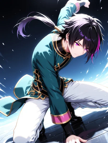 masterpiece, very aesthetic, best quality, solo, amazing quality, 24 years old, imtdlieren, 1boy, male, black hair, chinese clothes, pants, multicolored hair, purple hair, purple eyes, , low ponytail, long sleeves, streaked hair, white pants, shoes, black footwear, fit body, dynamic angle, dynamic pose, ramdom backgroun, detailed background
