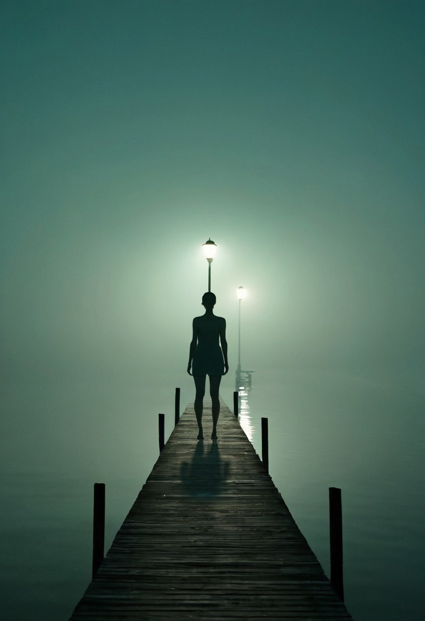 A cinematic nighttime photograph captures a solitary figure standing in silhouette on a wooden pier, accompanied by a single illuminated lamp post. The scene is enveloped in a misty teal atmosphere where sky and water merge imperceptibly. The composition emphasizes minimalism and mood through its use of negative space, cool color palette, and the strategic placement of the human figure and light source. A wooden ladder attached to the pier adds subtle architectural detail to the otherwise simple structure. The entire scene is reflected in the perfectly still water below, creating a mirror-like symmetry that enhances the atmospheric quality of the image.