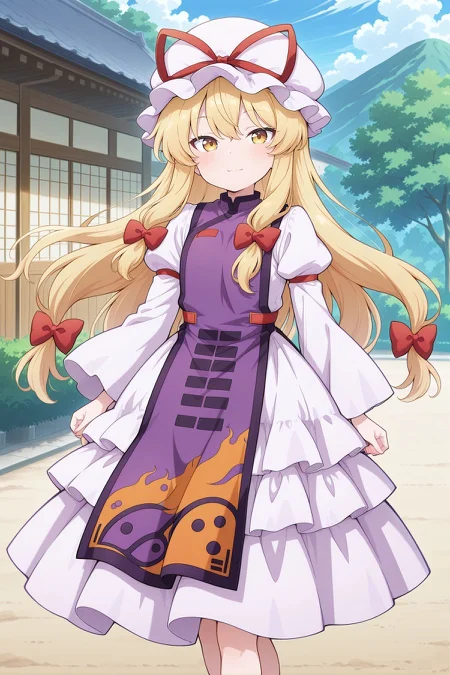 absurdres, highres, masterpiece, best quality, amazing quality, official anime artwork, screencap, anime screencap, outdoors, looking at viewer, light smile, dynamic pose, standing,
<lora:Yukari-Yakumo_IllustriousV2:1> yakumo yukari, 1girl, solo,  yellow eyes, blonde hair, long hair, sidelocks,, yakumo yukari \(tiny great youkai\), aged down, mob cap, white hat, hat ribbon, hair bow, red bow, white dress, juliet sleeves, puffy sleeves, long sleeves, wide sleeves, purple tabard,
