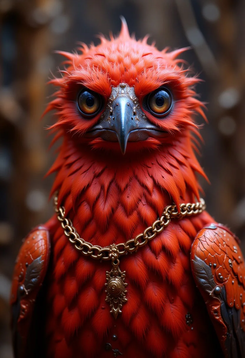 PsychadelicChaos, red eagle, gold chain on neck, brutal, lively big eyes, fluffy feather texture, high detail