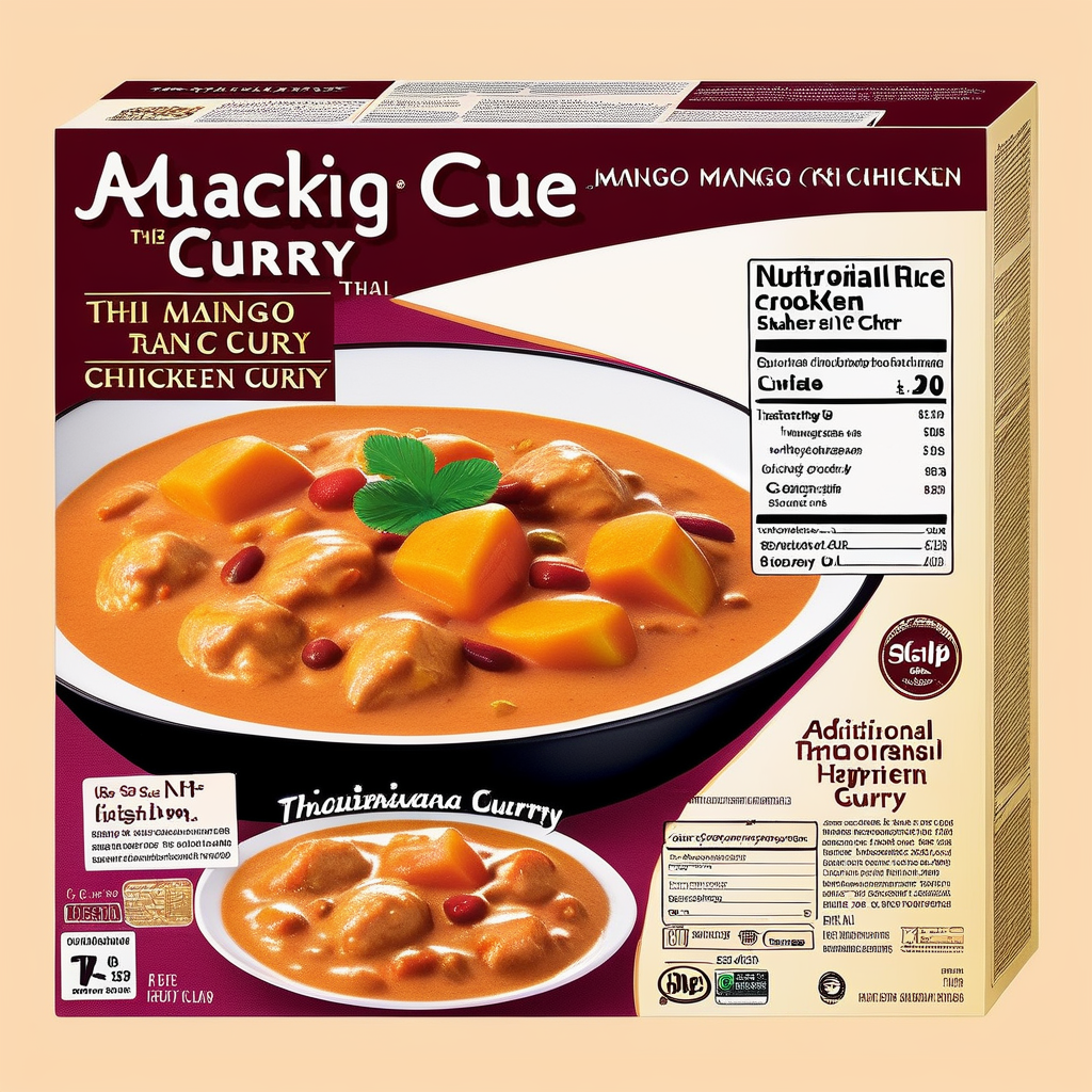A packaging box designed for a Thai Mango Curry Chicken Rice Cooking Kit. The box should be vibrant and colorful, capturing the essence of Thai cuisine. It should feature images of the key ingredients like mango, chicken, and rice, as well as a bowl of the finished dish. The product name 'Thai Mango Curry Chicken Rice Cooking Kit' must be prominently displayed in English on the front of the box. Additional elements like cooking instructions, nutritional information, and a barcode can be included on the back or sides. The overall design should evoke a sense of authenticity and quality, appealing to food lovers who enjoy cooking at home, <lora:tlbv1:0.65>