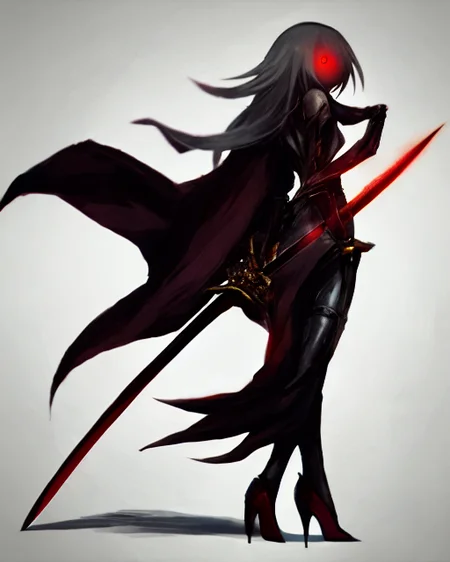 arms behind back, by k-suwabe, glowing eye, grey background, high heels, looking at viewer, red eyes, robot, simple background, solo, spikes, standing, sword, unsheathed, weapon<lora:ksuwabe-v1-6k-lora:2>